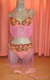 6-piece fully sequinned bellydance costume SOFT PINK with GOLDEN curly design