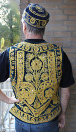 2-pce set: L Large - Men's Waistcoat PETROL BLUE (DEEP TURQUOISE) velvet with curly golden band embroidery and mirrors + Harem hat fez - Gilet 1001 Nuits BLEU PÉTROL