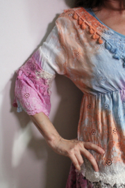 Short dress, tunic, long blouse, Boho style, lace and embroidery decorated, pastel colored BLUE, PINK and ORANGE - fits S, M, L, Small, Medium and Large