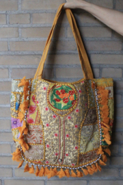 Tote Bag Banjari Indian Bohemian Hippy Bag OCHER ORANGE MULTICOLORED with tassels and beads - Sac Bohémien Banjari Indien ORANGE MULTICOLORE unique