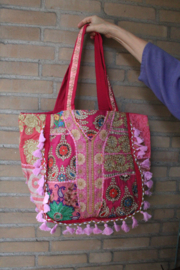 Patchwork Banjara Boho India hippie tas tote bag strandtas LICHTROZE2 FUCHSIA GOUD, met kwastjes en kraaltjes