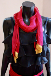 WINERED long, rectangular chiffon shawl, GOLDEN fringe rimmed at the ends - 200 cm x 13 cm