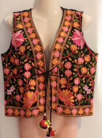 1001 nacht mouwloos gilet hesje borduursel dames of heren, jongens of meiden ZWART ORANJE GEEL FUCHSIA bloemen - XS/S, Extra Small/Small