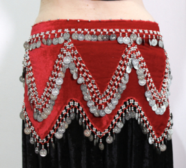 Fluwelen 5-punten Shakira muntjesgordel ROOD, versierd met ZILVEREN muntjes en kralen haakwerk - M, L, XL
