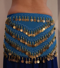 G34 - Coinbelt chiffon TURQUOISE TURKISH BLUE with GOLDEN coins and beads - Foulard pour la danse orientale chiffon TURQUOISE / BLEU TURQUE sequins DORÉS