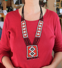 Indigenous Beaded Tribal fusion necklace BLACK RED WHITE, Tribal pattern