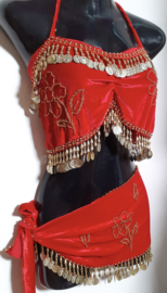 one size fits S, M, L - 2-piece set velvet: top + coinbelt RED , DOLDEN beads and coins decorated