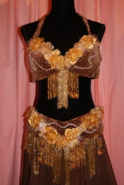 Bellydance costume from Egypt on BROWN velvet, brown and GOLDEN flowers decorated with beaded fringe