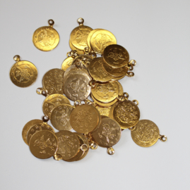 Losse Goudkleurige metalen muntjes met bevestigingsoogje- 19 mm diameter - Loose GOLDEN Metal coins with external eye