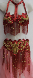 Fully sequinned 5-piece bellydance costume RED GOLD, beaded fringe decorated