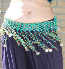 L, XL, XXL - Crocheted hipbelt AQUA GREEN / MINT GREEN, cotton for bellydance , FLUORESCENT ORANGE BEADED and decorated with SILVER coins