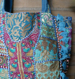 Banjara Boho India hippie tas tote bag tote bag TURQUOISE3 GOUD ROZE met kwastjes en kraaltjes