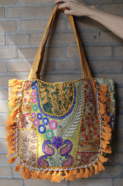 Tote Bag Banjari Indian Bohemian Hippy Bag OCHER ORANGE MULTICOLORED with tassels and beads - Sac Bohémien Banjari Indien ORANGE MULTICOLORE unique