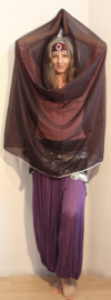 Bellydance veil rectangle DARK BROWN chiffon SILVER rimmed - Voile chiffon MARRON, bord ARGENTÉ + bandeau de tête couleur AUBERGINE