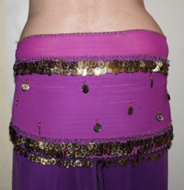 Tr13 - Tribal fusion fantasy hipbelt PURPLE, GOLD colored  coins decorated - Foulard MAUVE pour la danse orientale et tribale aux sequins et perles dorés, modèle  rectangle