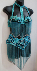 5-piece professional Bellydance Show costume, fully sequinned, beaded fringe decorated, TURQUOISE BLUE SILVER