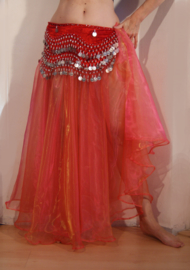 Ballroom buikdansrok, Naadloze cirkelrok van organza ORANJE-ROOD met GOUD GLANS -   Extra Large + Extra Long, L XL XXL