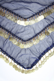Chiffon triangle coinbelt transparent NAVY BLUE, GOLDEN coins and beads crocheted decorated -  one size fits S, M, L, XL, XXL