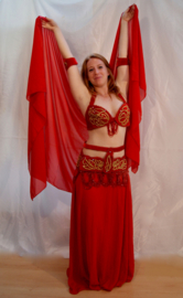 6-piece sophisticated Egyptian Bellydance costume RED GOLD, with waist band