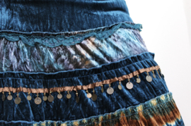 Multicolor TURQUOISE AQUA PETROLEUM BLAUWE strokenrok, versierd met kant en muntjes - Medium Large, M, L