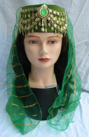 Lady head gear hat for 1001 Nights OLIVE GREEN GOLD - Casque et voile de tête princesse 1001 nuits VERT OLIVE DORÉ pour dames