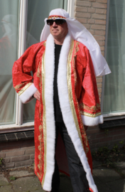 Sultan / Sheik / Sjeik luxe harem jas ROOD met WITTE kunst bont rand en GOUDEN krullen versiering + NU plus GRATIS Saudi Arabisch sheik hoofddeksel -  one size