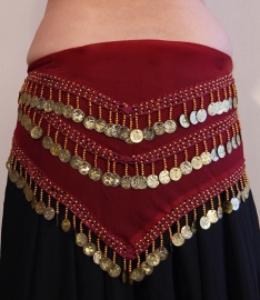One size - Basic bellydance coinbelt triangle WINE RED, GOLD / SILVER  decorated - Foulard à sequins triangulaire pour la danse orientale BORDEAUX