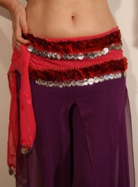 Hipbelt on FUCHSIA BRICHT PINK chiffon with flower embroidered design, SILVER coins