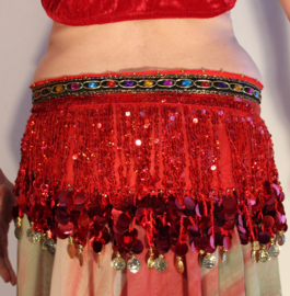 GS2 fringe - Coinbelt with one row of multicolored stones, glitter fringe, RED and GOLDEN coins - Ceinture fringe de danse orientale dotée de perles multicolores et sequins dorés.