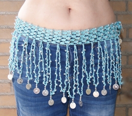S Small M Medium - Crocheted hipbelt SOFT TURQUOISE, cotton for bellydance , SILVER beaded and decorated with SILVER coins
