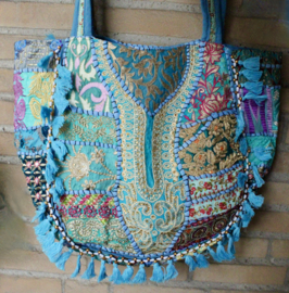 Banjara Boho India hippie tas tote bag tote bag TURQUOISE3 GOUD ROZE met kwastjes en kraaltjes