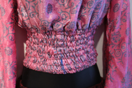 ROZE zijden crop top bloesje met smock elastiek onder de buste 
