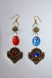 One of a kind pair of earrings, lightweight curly earrings BRONZE GOLDEN, BLUE and RED beads - XLong