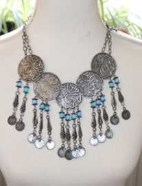 farao12 - Boho hippy chick, Pharaonic necklace SILVER TURQUOISE BLUE with 5 silver discs and coins