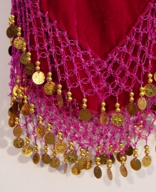 2-delig Fluwelen setje van Topje + Minirokje FUCHSIA GOUD met muntjes en haakwerk XS / S  / M