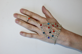one size adaptable ring and wrist - Hand jewel diamond strass diamanté, RED and BLUE stones decorated