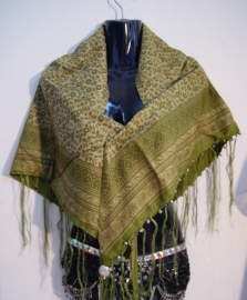 OLIVE GREEN triangular shawl with fringe, coins and bells