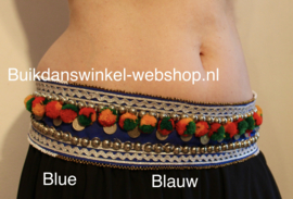 Tribal fusion heupgordel ceintuur BLAUW GEEL ROOD ROZE TURQUOISE WIT ZWART met pompons, spikes en munten - XS S