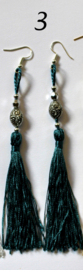 Tassel Earrings, WHITE, AQUA GREEN, GOLD, beads decorated - Boucles d'oreilles franges