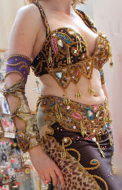 Rijk versierd Egyptisch cabaret bellydance kostuum 6-delig met smalle rok ROZE BRUIN,  GOUD, MULTICOLOR, JUNGLE PRINT, REGENBOOG met Swarowsky kristallen
