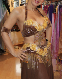 Bellydance costume from Egypt on BROWN velvet, brown and GOLDEN flowers decorated with beaded fringe