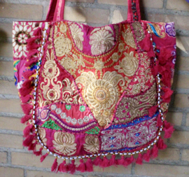 Patchwork Banjari Indian Bohemian Tote Bag  FUCHSIA PINK9 GOLD, richely embroidered