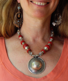 Necklace Boho8  "Sagat" pendant - Pendant, Boho hippy chick necklace SILVER colored and RED fantasy  beads