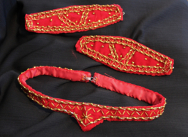 4-piece Cleopatra head gear: RED veil +headband + 2 wristbands velvet RED with GOLD