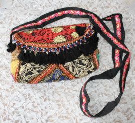23cm x 13 cm x 6cm - One of a kind Bohemian hippy chic purse patchwork BLACK  RED GOLD INDIGO - Sac Bohème ethnique