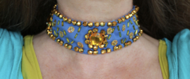 2-delig setje : Choker Textiel halssnoer BLAUW GOUD + bovenarm armband