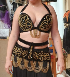 L, XL XXL - 6-piece sophisticated Egyptian bellydance costume BLACK GOLD on velvet