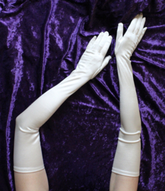 Stretch satin gloves OFF WHITE, Extra Long, 60 cm long, reaching over the elbows