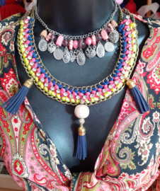 Necklace with tassels, beads, chains, ribbon PINK, NAVY BLUE, GOLD, IRIDISCENT YELLOW, OFF WHITE