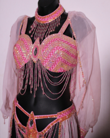 Sexy Burlesque Haremkostuum PARELMOER glans, licht ROSE ROZE :  opengewerkte harembroek + pailletten BH met mouwtjes + pailletten halssnoer - 36/38 Small Medium